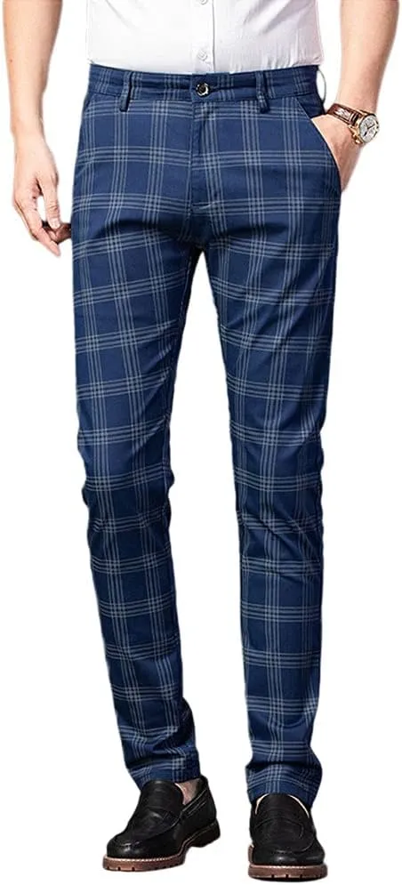 Mens Casual Plaid Pants Fashion Retro Tapered Stretch Slim Fit Business Dress Chino Pants
