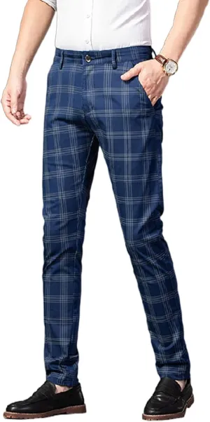 Mens Casual Plaid Pants Fashion Retro Tapered Stretch Slim Fit Business Dress Chino Pants