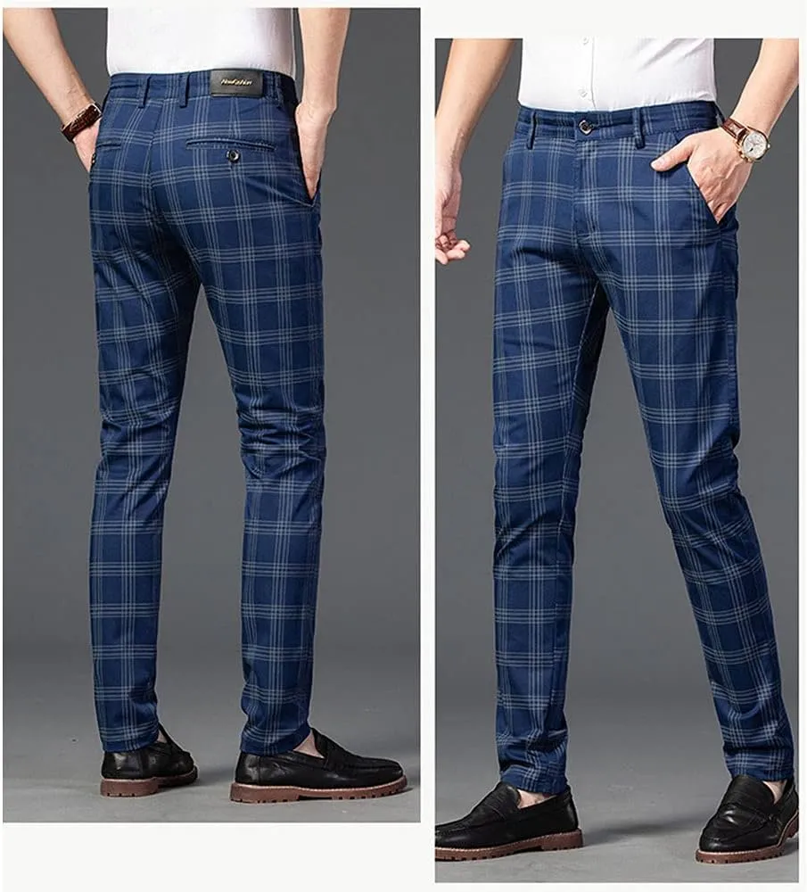 Mens Casual Plaid Pants Fashion Retro Tapered Stretch Slim Fit Business Dress Chino Pants