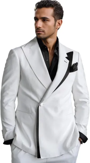Men's Stylish Blazer Slim Fit White with Black Contrast Collar Slim Fit One Button