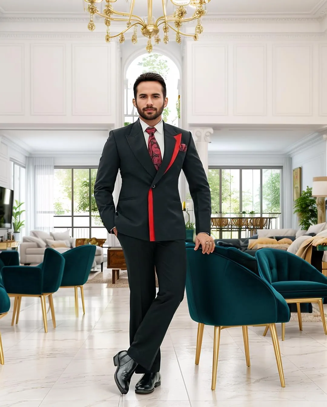 Men's Stylish Blazer Slim Fit White with Black Contrast Collar Slim Fit One Button