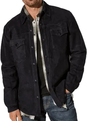 Mens Trucker Casual Western Fashion Cowboy Turn-Down Collar Shirt Style Suede Leather Jacket