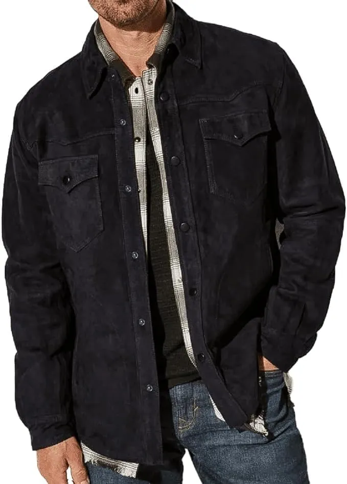 Mens Trucker Casual Western Fashion Cowboy Turn-Down Collar Shirt Style Suede Leather Jacket