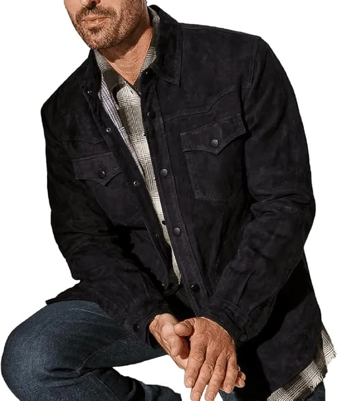 Mens Trucker Casual Western Fashion Cowboy Turn-Down Collar Shirt Style Suede Leather Jacket