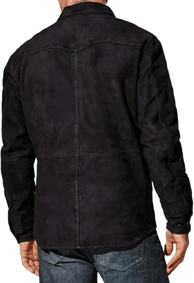Mens Trucker Casual Western Fashion Cowboy Turn-Down Collar Shirt Style Suede Leather Jacket