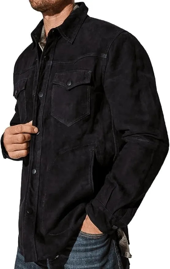 Mens Trucker Casual Western Fashion Cowboy Turn-Down Collar Shirt Style Suede Leather Jacket