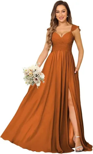 Miao Duo Women's Cap Sleeves Chiffon Bridesmaid Dresses Long with Pockets Ruffle Formal Dresses with Slit YZTS200