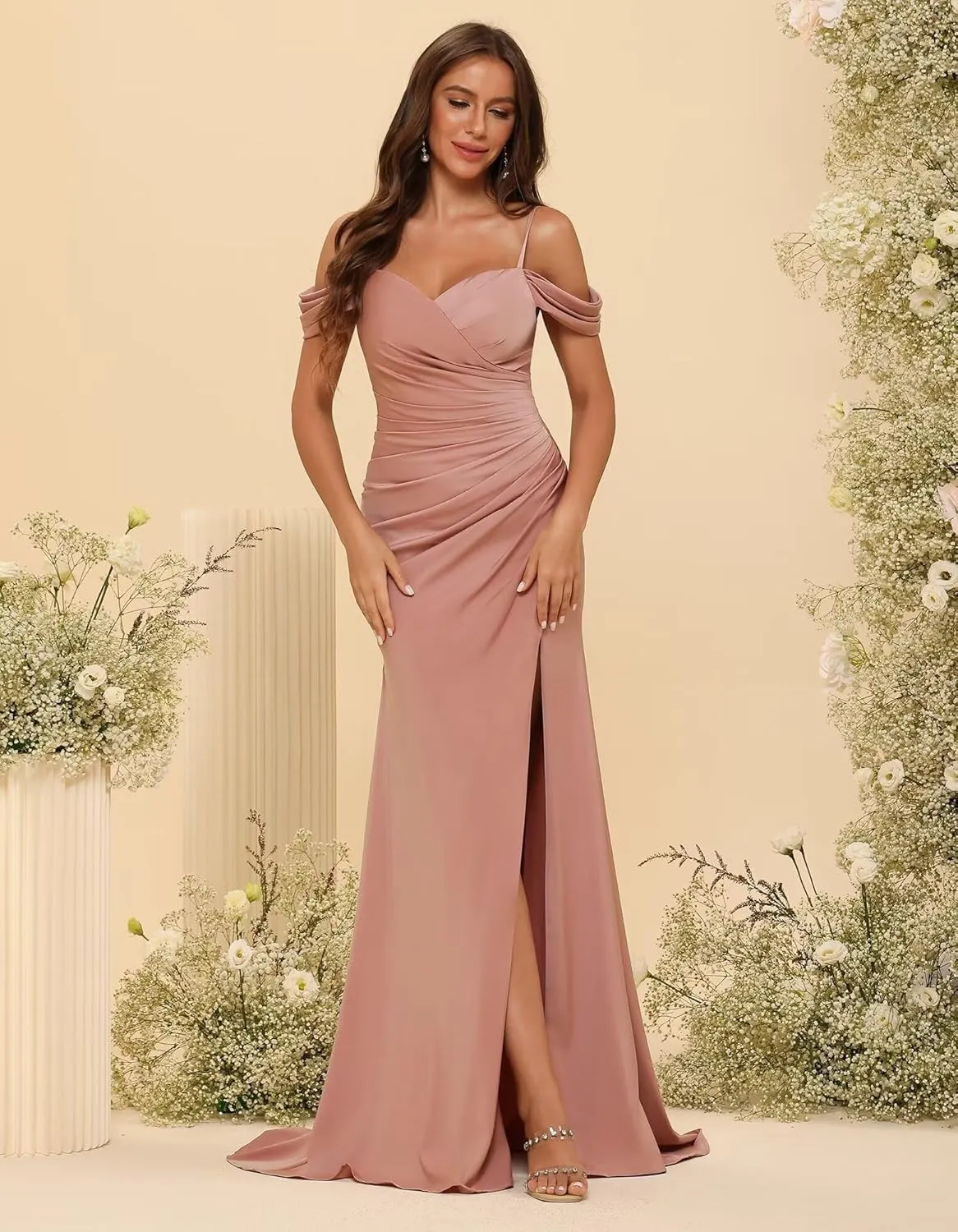 Miao Duo Women's Cold Shoulder Satin Bridesmaid Dresses Long Ruched Mermaid Formal Dresses with Slit YZTS120