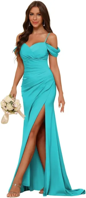Miao Duo Women's Cold Shoulder Satin Bridesmaid Dresses Long Ruched Mermaid Formal Dresses with Slit YZTS120