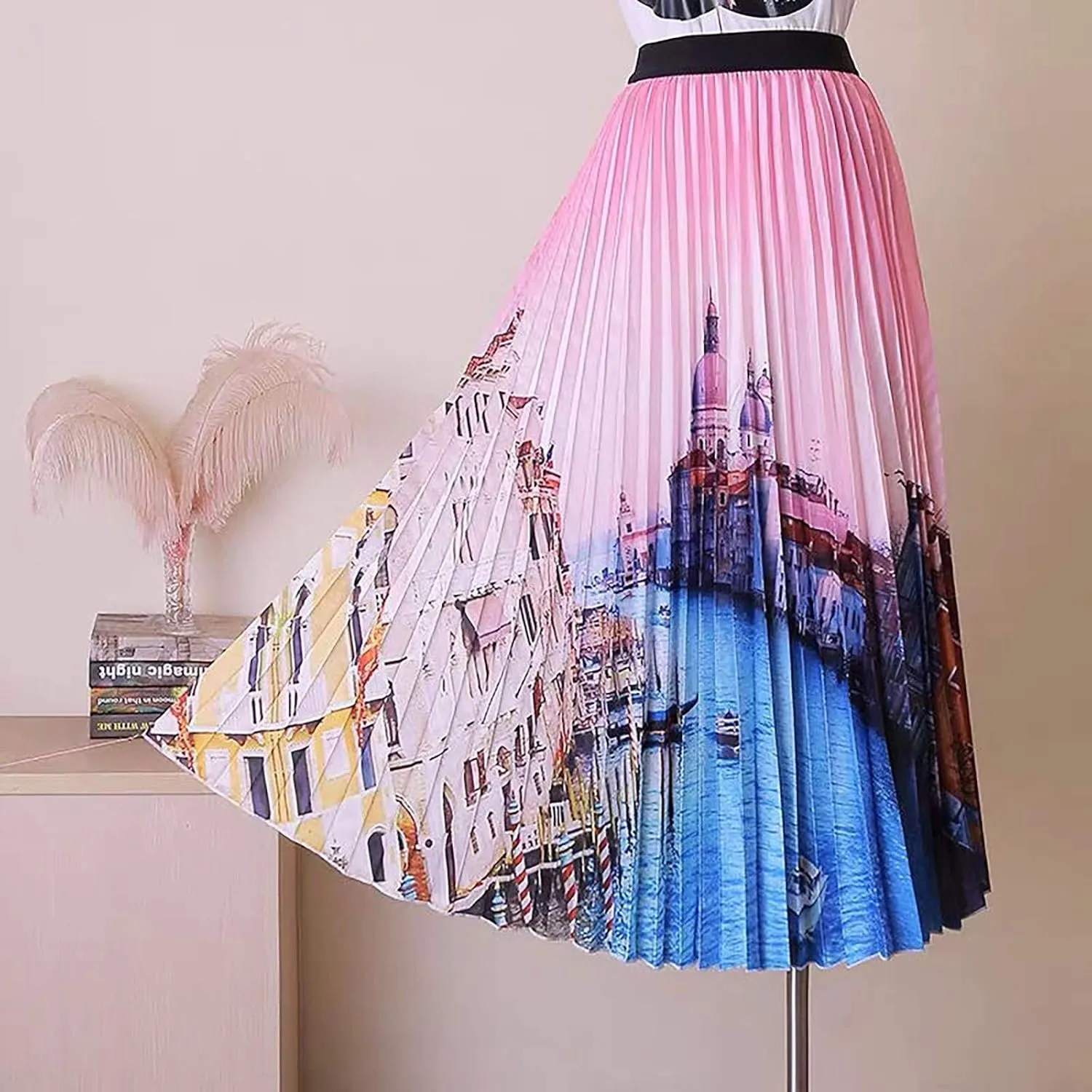 Midi Skirts for Women Fashion Casual Mid Length Skirts Boho Flowy Pleated Skirt Fashion Elastic High Waist Skirts