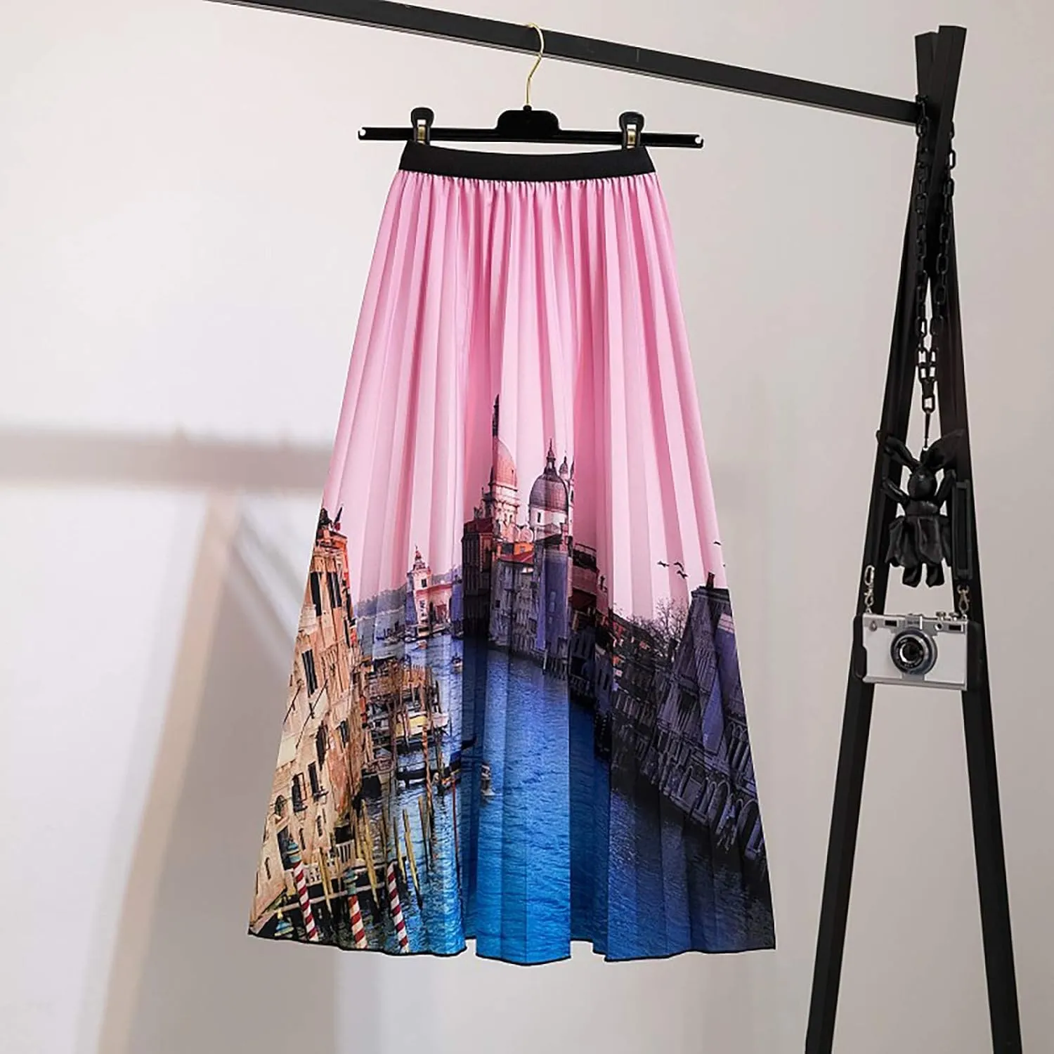 Midi Skirts for Women Fashion Casual Mid Length Skirts Boho Flowy Pleated Skirt Fashion Elastic High Waist Skirts