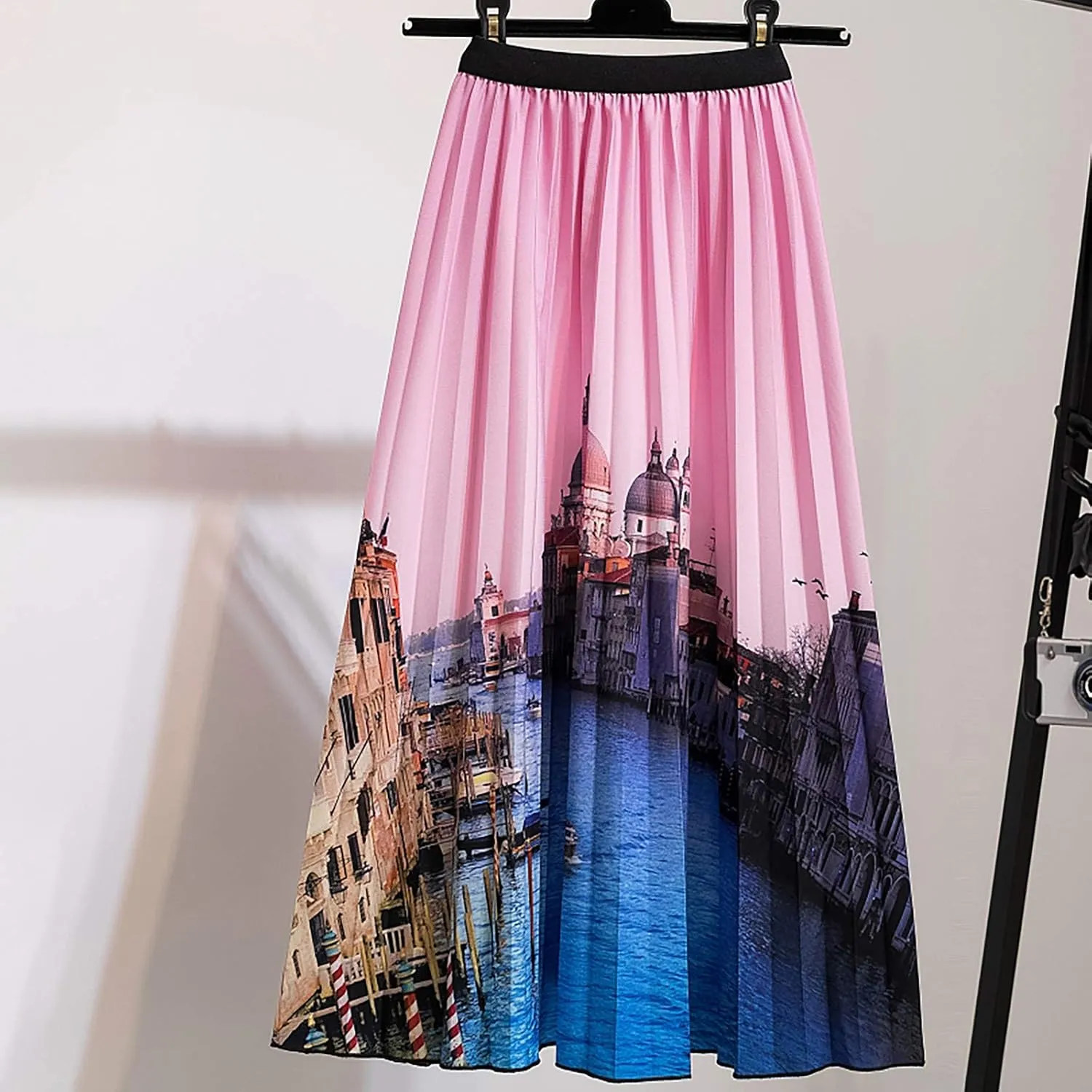 Midi Skirts for Women Fashion Casual Mid Length Skirts Boho Flowy Pleated Skirt Fashion Elastic High Waist Skirts