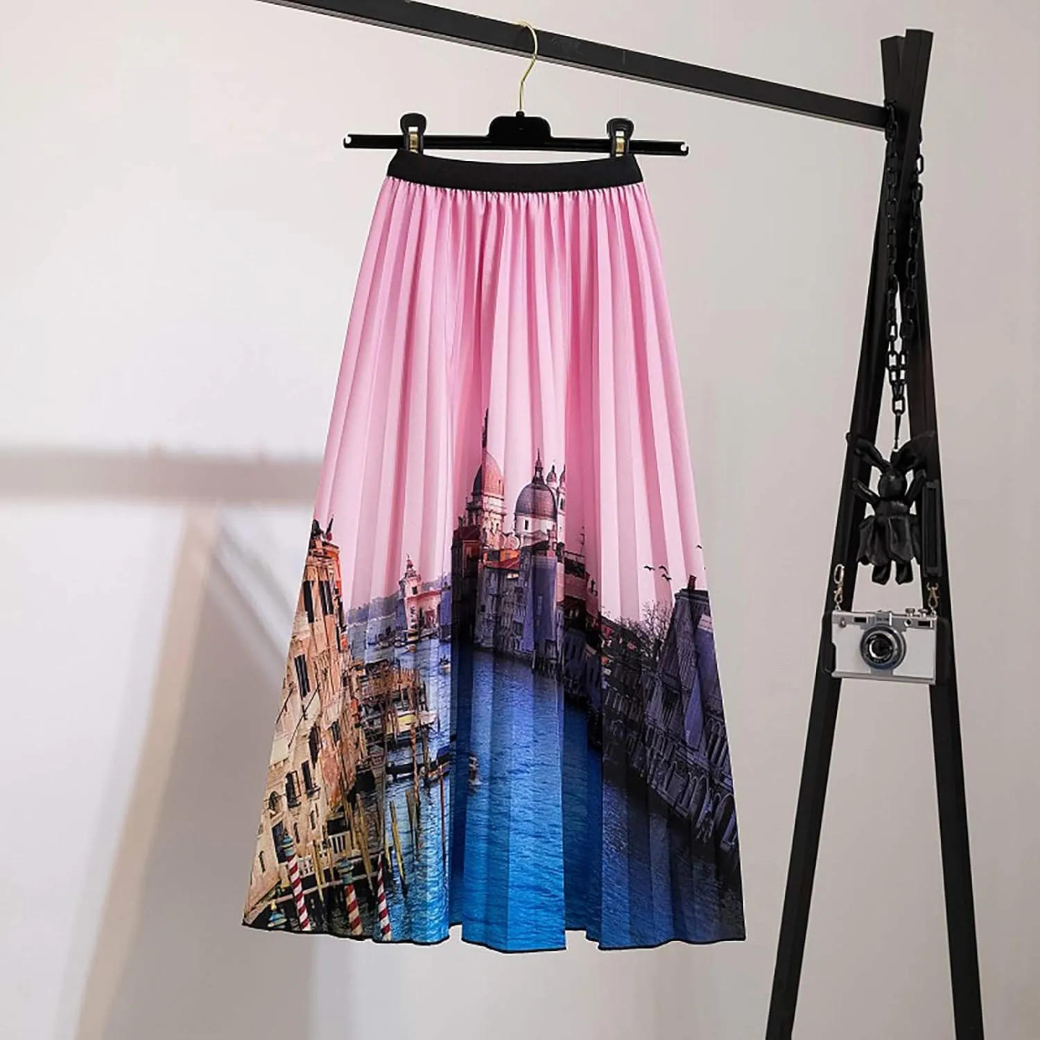 Midi Skirts for Women Fashion Casual Mid Length Skirts Boho Flowy Pleated Skirt Fashion Elastic High Waist Skirts