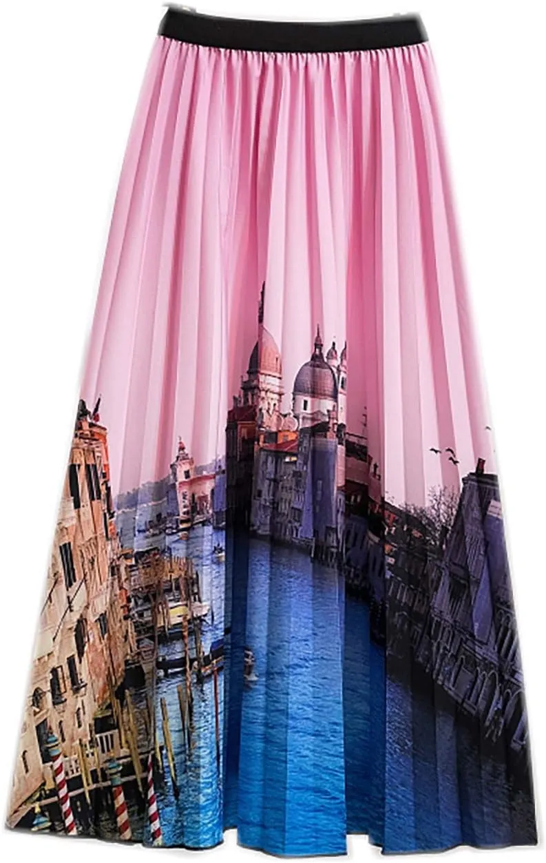 Midi Skirts for Women Fashion Casual Mid Length Skirts Boho Flowy Pleated Skirt Fashion Elastic High Waist Skirts