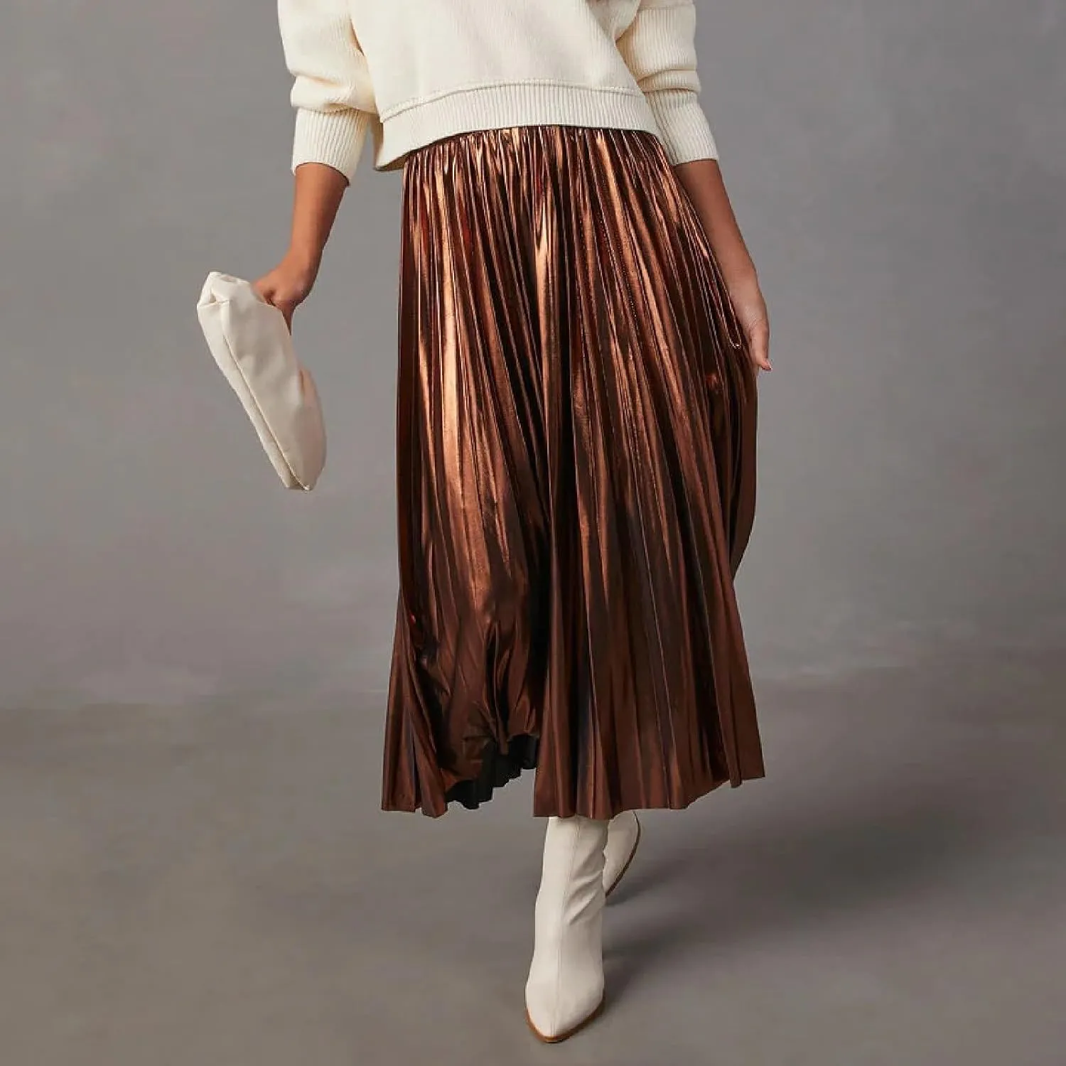 Midi Skirts for Women Hot Stamping Shiny Silver Pleated Skirt High Waist A Line Pleated Skirt Summer Skirts for