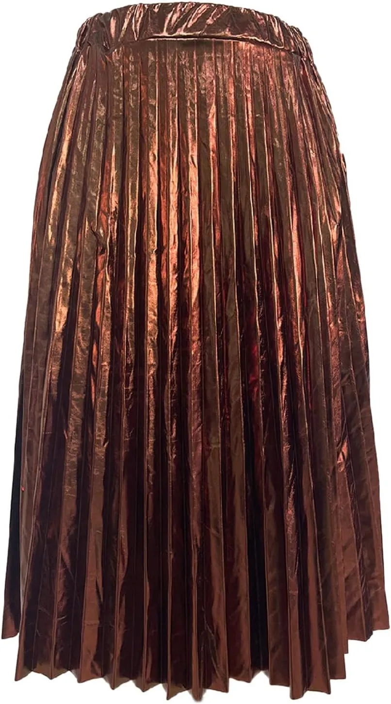 Midi Skirts for Women Hot Stamping Shiny Silver Pleated Skirt High Waist A Line Pleated Skirt Summer Skirts for