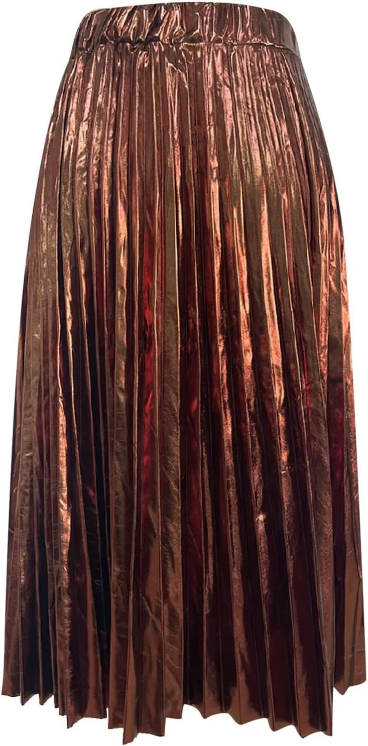 Midi Skirts for Women Hot Stamping Shiny Silver Pleated Skirt High Waist A Line Pleated Skirt Summer Skirts for