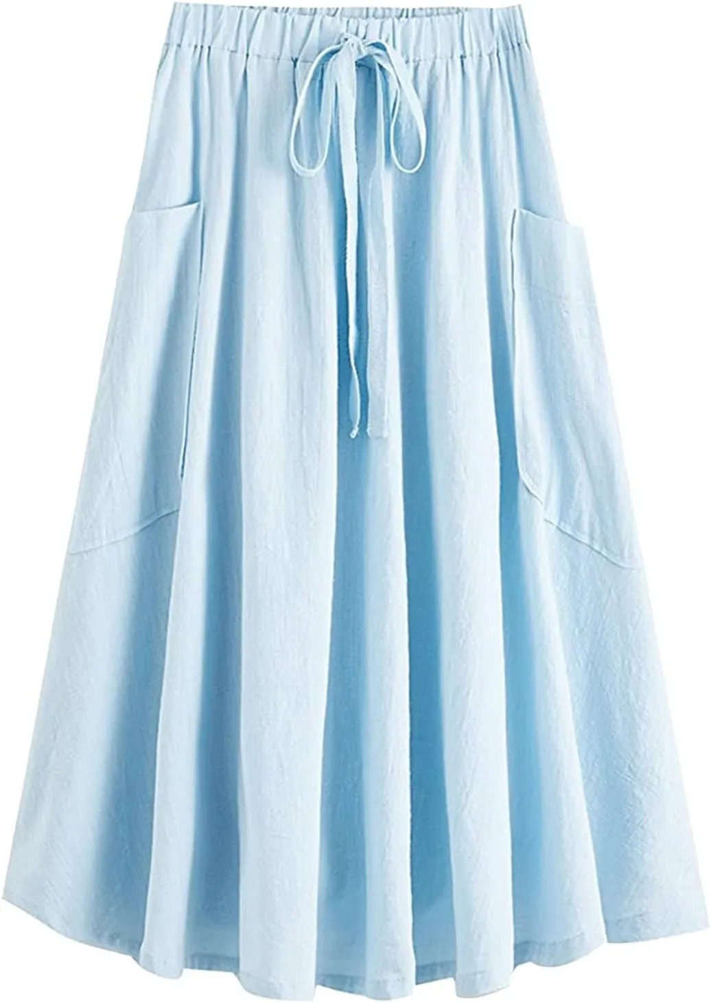 Midi Skirts for Women Summer Drawstring Elastic Waisted Flowy A-Line Swing Pleated Skirt with Pockets