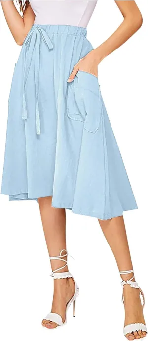 Midi Skirts for Women Summer Drawstring Elastic Waisted Flowy A-Line Swing Pleated Skirt with Pockets