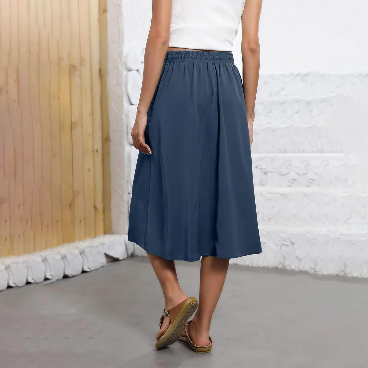 Midi Skirts for Women Trendy Summer Floral A Line Skirts Elastic High Waisted Boho Beach Swing Flowy Skirt w/Pockets