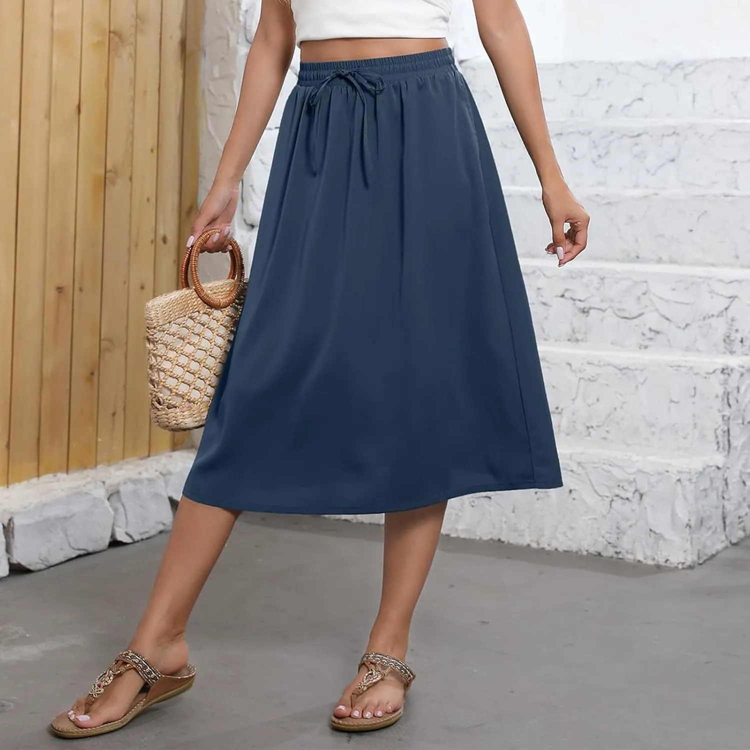 Midi Skirts for Women Trendy Summer Floral A Line Skirts Elastic High Waisted Boho Beach Swing Flowy Skirt w/Pockets