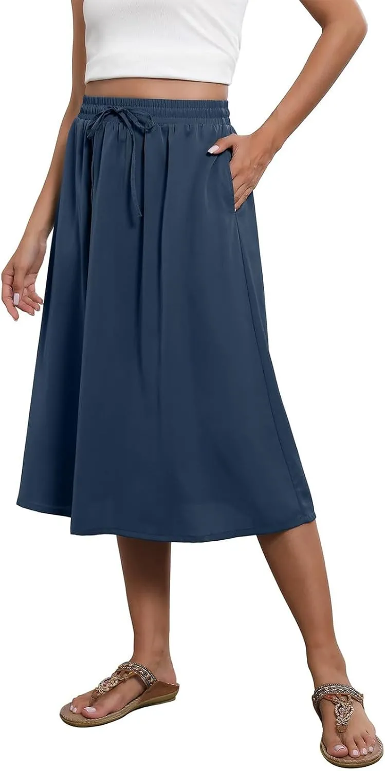 Midi Skirts for Women Trendy Summer Floral A Line Skirts Elastic High Waisted Boho Beach Swing Flowy Skirt w/Pockets