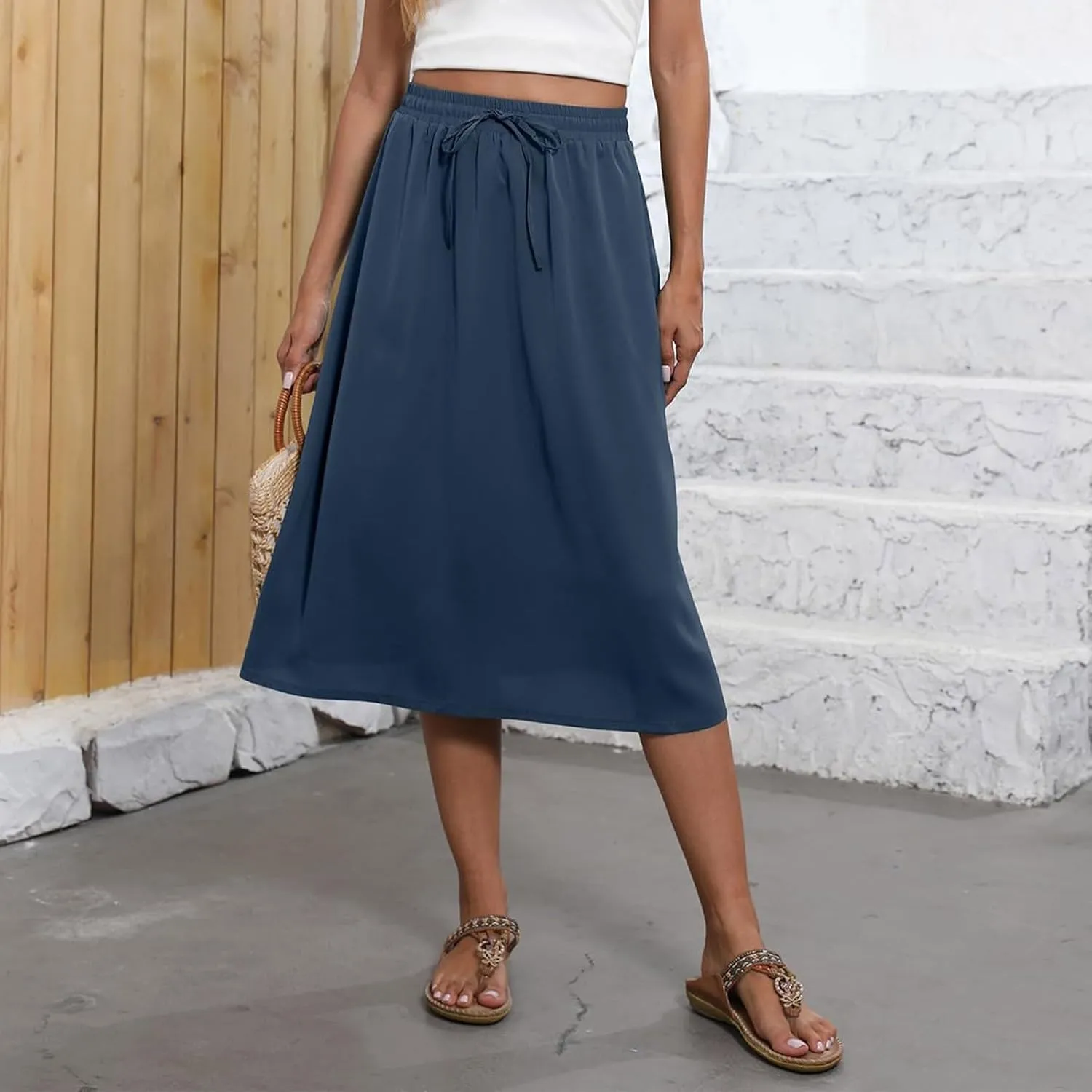 Midi Skirts for Women Trendy Summer Floral A Line Skirts Elastic High Waisted Boho Beach Swing Flowy Skirt w/Pockets