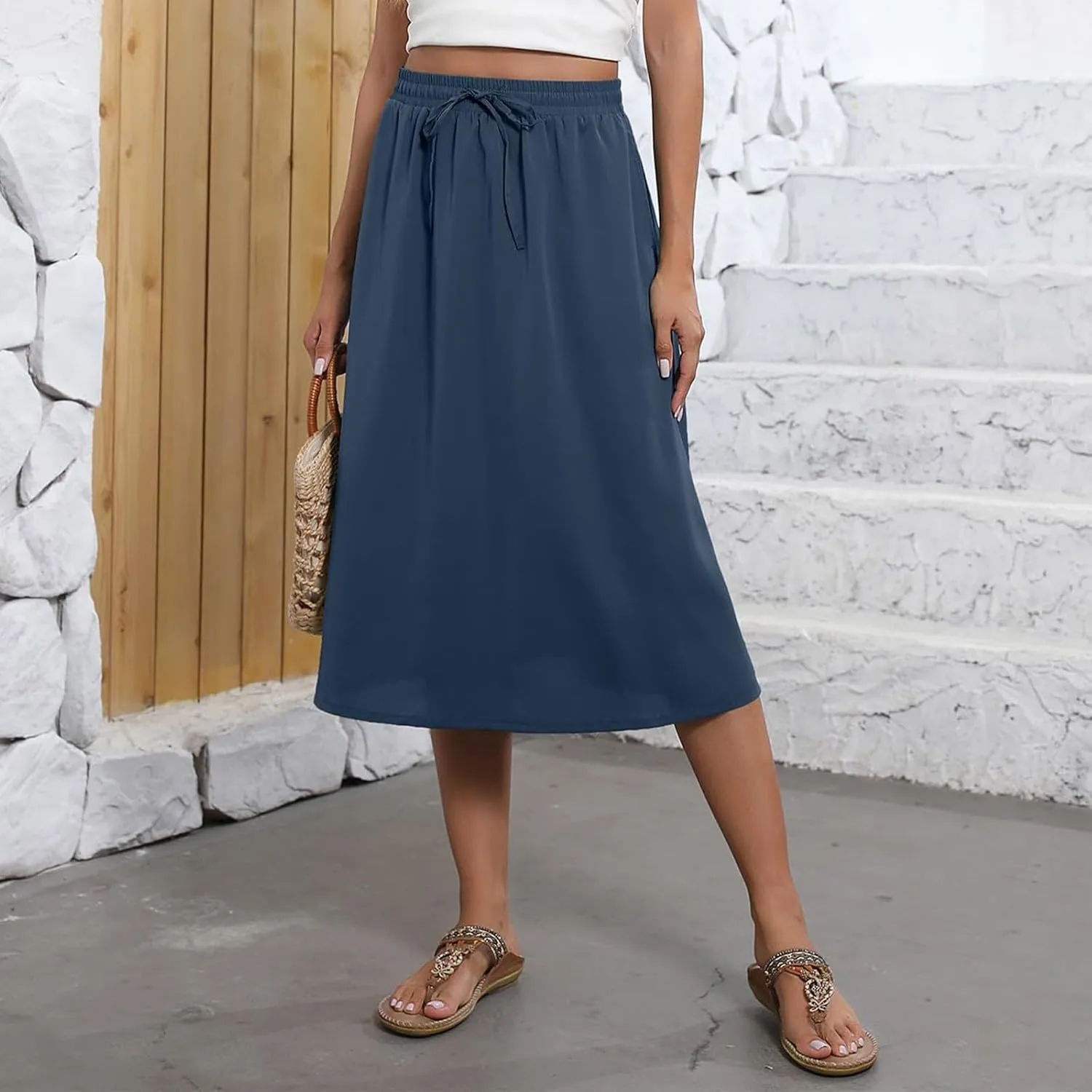 Midi Skirts for Women Trendy Summer Floral A Line Skirts Elastic High Waisted Boho Beach Swing Flowy Skirt w/Pockets