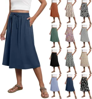 Midi Skirts for Women Trendy Summer Floral A Line Skirts Elastic High Waisted Boho Beach Swing Flowy Skirt w/Pockets