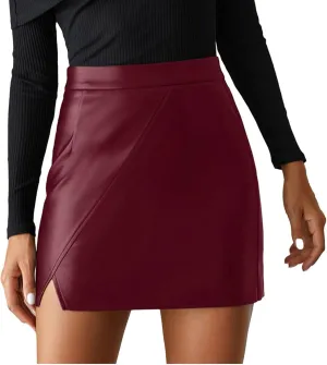 Mini Skirt Pu Split Mini Skirt Bodycon Shorts Women's Faux Slim fit Leather High Waisted Skinny Athletic Skirts With Slit
