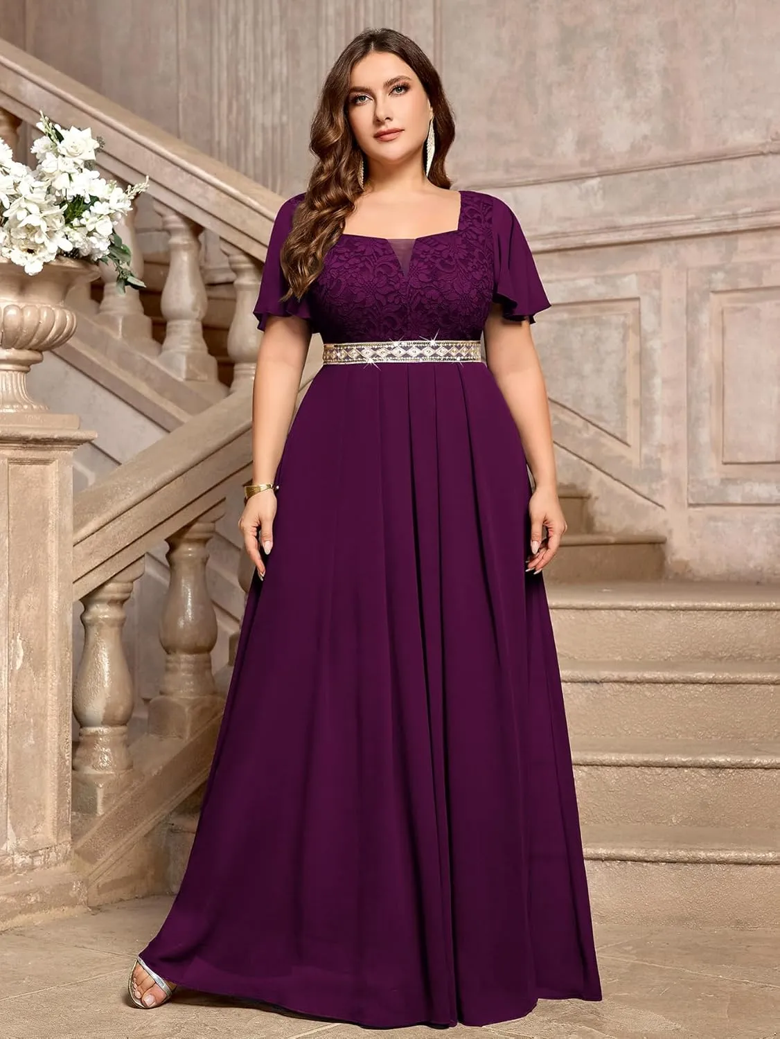MISSMAY Women's Plus Size Floral Lace Ruffle Sleeves Beads Waist Chiffon Formal Party Maxi Dress