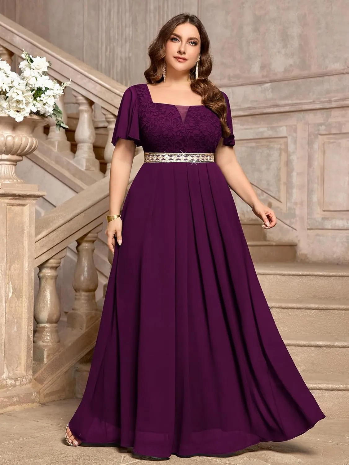 MISSMAY Women's Plus Size Floral Lace Ruffle Sleeves Beads Waist Chiffon Formal Party Maxi Dress