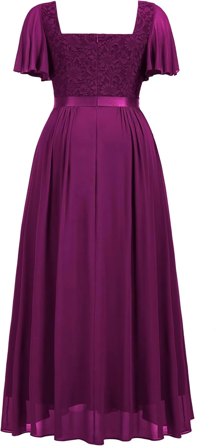 MISSMAY Women's Plus Size Floral Lace Ruffle Sleeves Beads Waist Chiffon Formal Party Maxi Dress