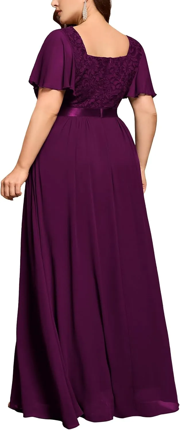 MISSMAY Women's Plus Size Floral Lace Ruffle Sleeves Beads Waist Chiffon Formal Party Maxi Dress