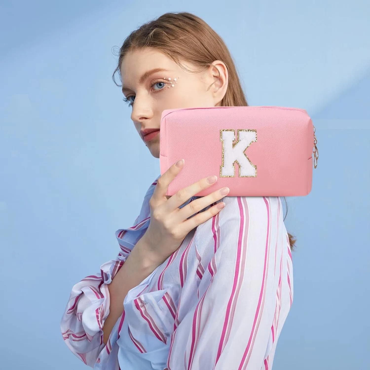 Monogrammed Gift for Women Girls,Preppy Makeup Bag Personalized Initial Cosmetic Bag with Zipper,Cute Makeup Pouch, Waterproof Toiletry Bag,Personalized Gift for GirlBridesmaids