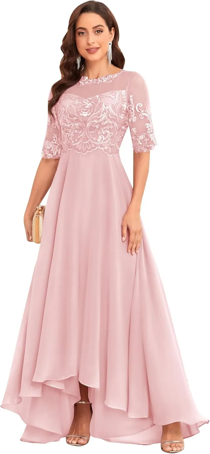 Mother of The Bride Dresses with Sleeves A-line Chiffon Lace Prom Dress Tea Length Party Dress for Women
