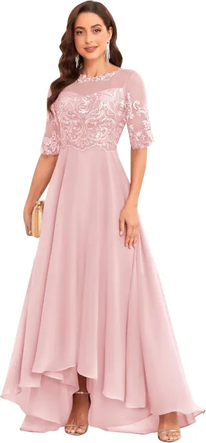Mother of The Bride Dresses with Sleeves A-line Chiffon Lace Prom Dress Tea Length Party Dress for Women