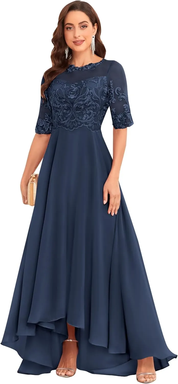 Mother of The Bride Dresses with Sleeves A-line Chiffon Lace Prom Dress Tea Length Party Dress for Women