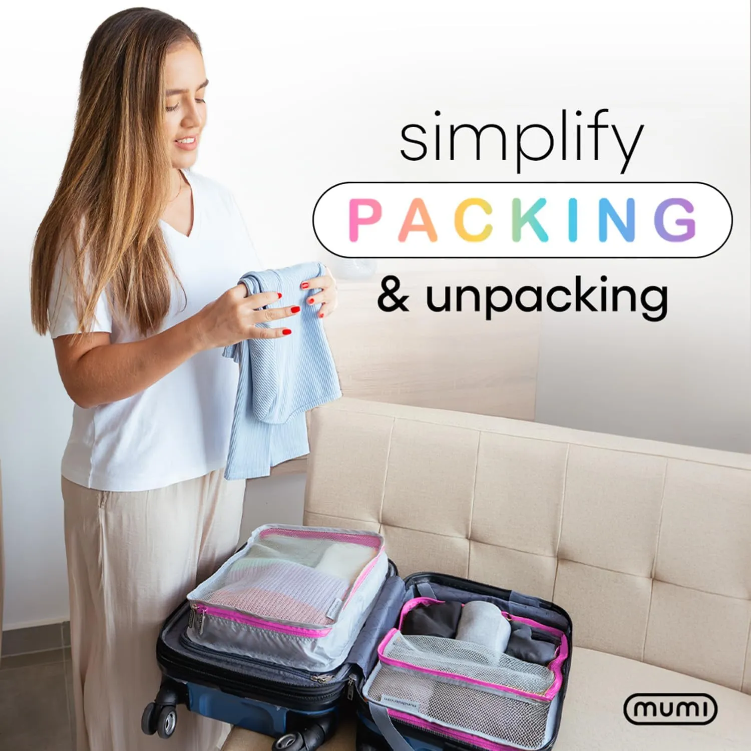 MUMI Packing Cubes  5-Piece Compression Packing Cubes for Travel, Luggage Organizers for Suitcases, Carry-On Bags, Backpacks, and Duffel Bags  Space-Saving Travel Essentials - Pink