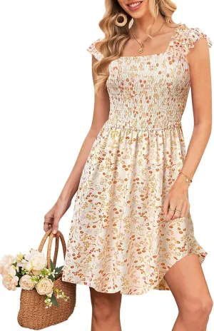 Naggoo Womens Summer Sundresses Sleeveless Square Neck Dress Floral Smocked Dress A-line Boho Beach Dresses