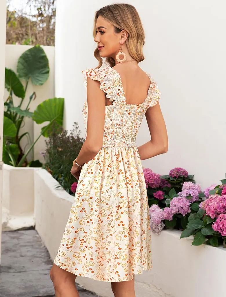 Naggoo Womens Summer Sundresses Sleeveless Square Neck Dress Floral Smocked Dress A-line Boho Beach Dresses