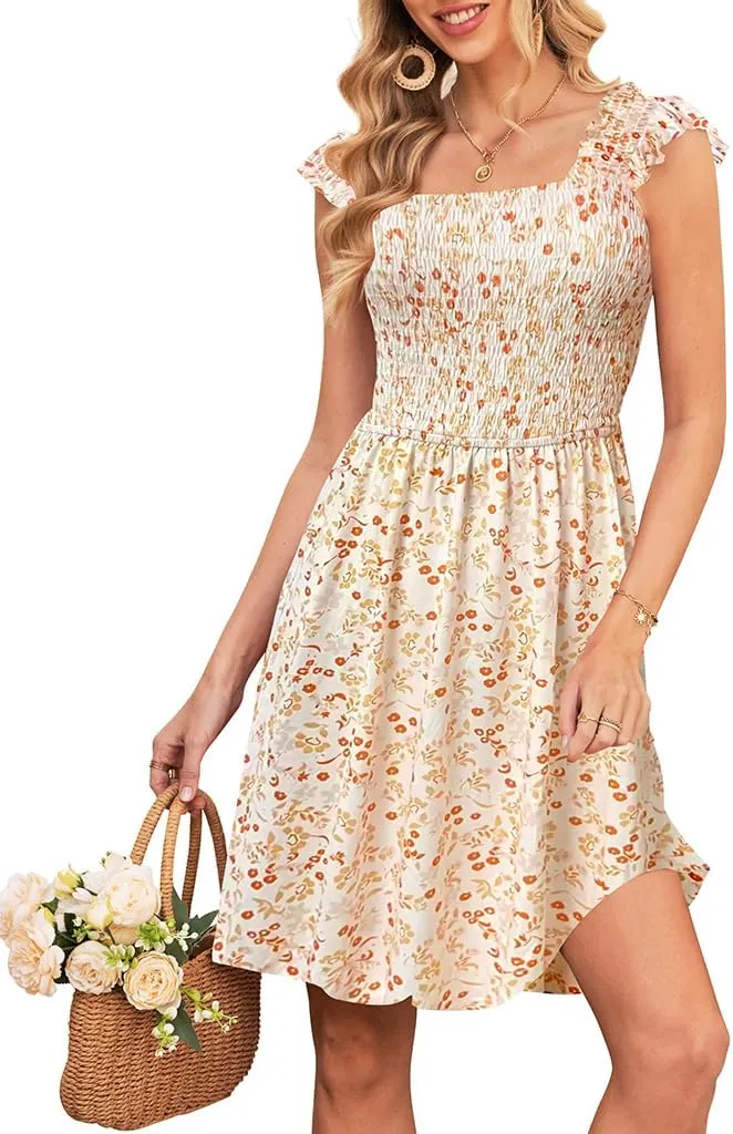 Naggoo Womens Summer Sundresses Sleeveless Square Neck Dress Floral Smocked Dress A-line Boho Beach Dresses