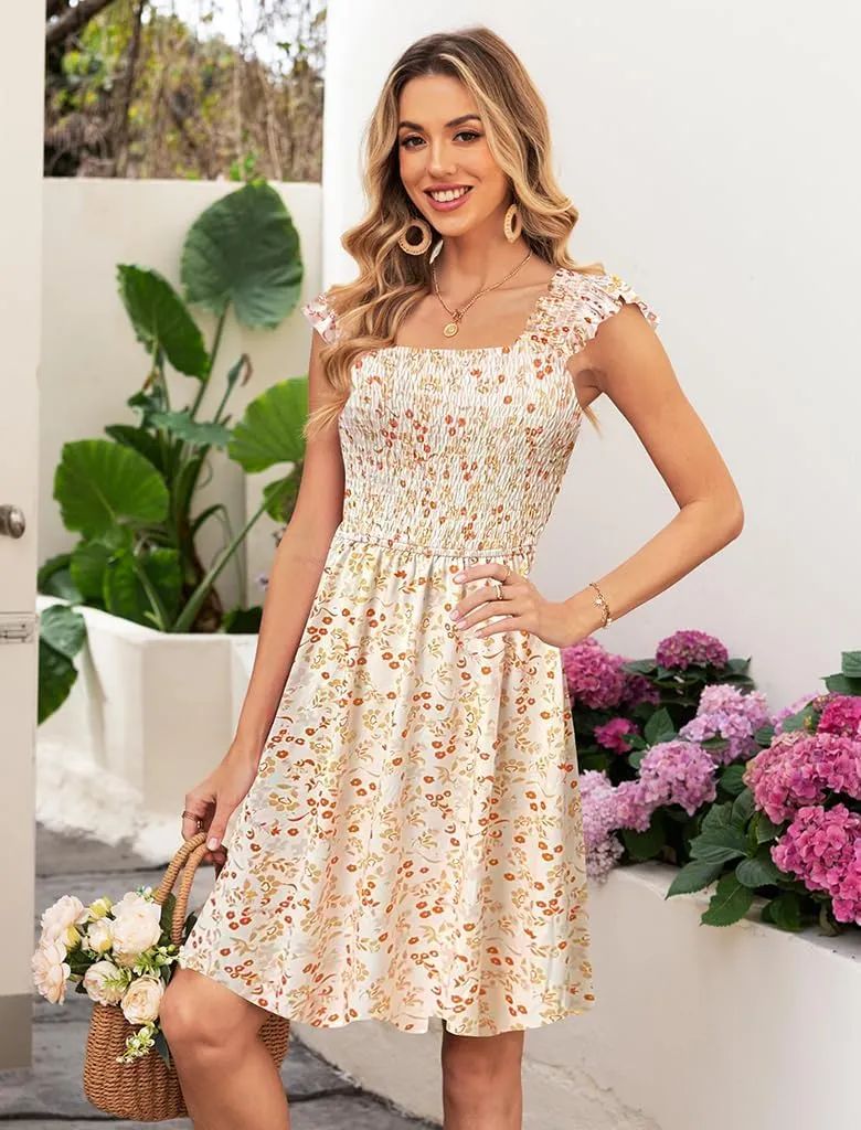 Naggoo Womens Summer Sundresses Sleeveless Square Neck Dress Floral Smocked Dress A-line Boho Beach Dresses