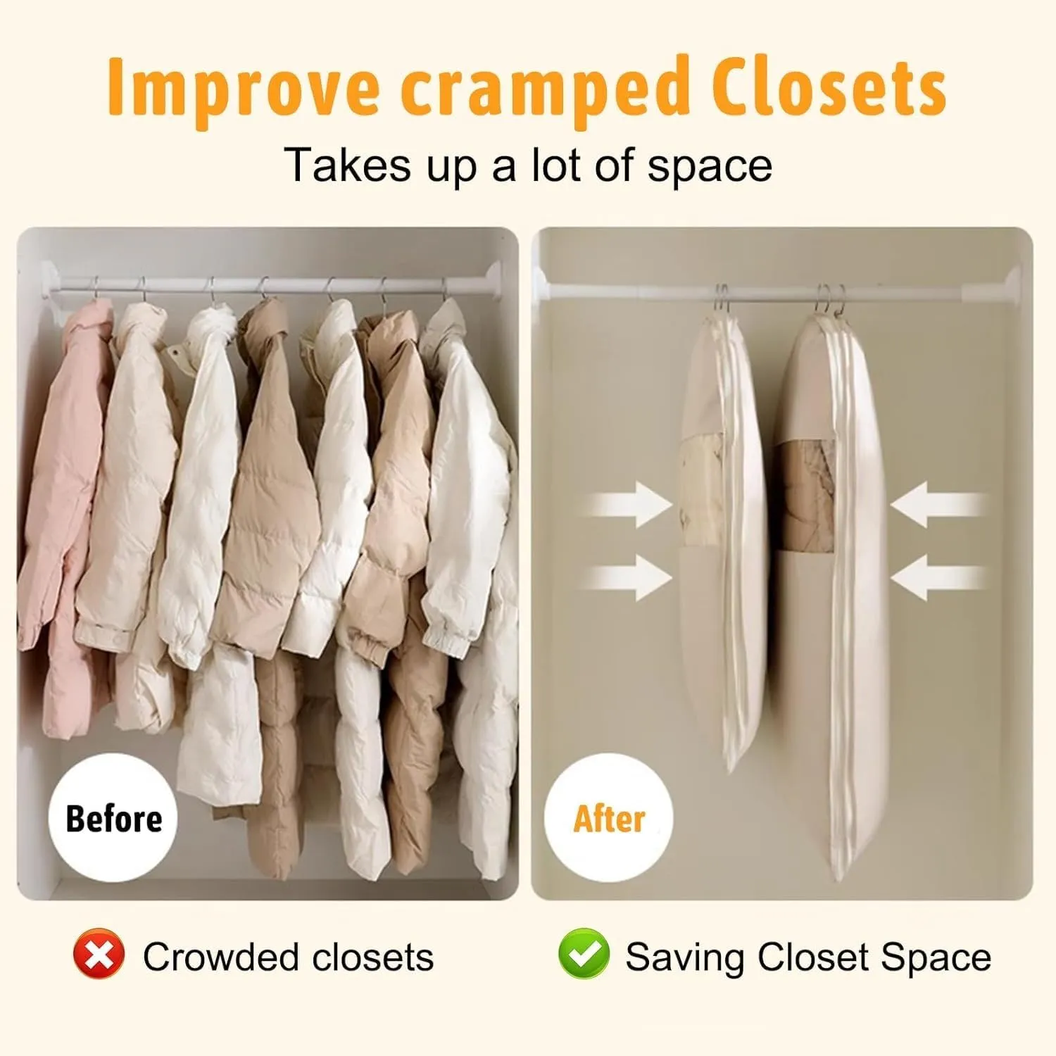 New Style Space Saving Hanging Garment Bag With Self Compression Zipper,Space Saver Closet Organizers,Dust Cover Clothes Bags For Down Coat(Clear,Small Medium Large)