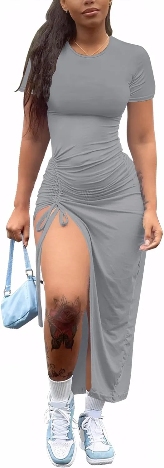 Nimsruc Women Sexy Summer Dresses Short Sleeve Thigh-high Slit Ruched Bodycon Maxi Club Cocktail Party Dress
