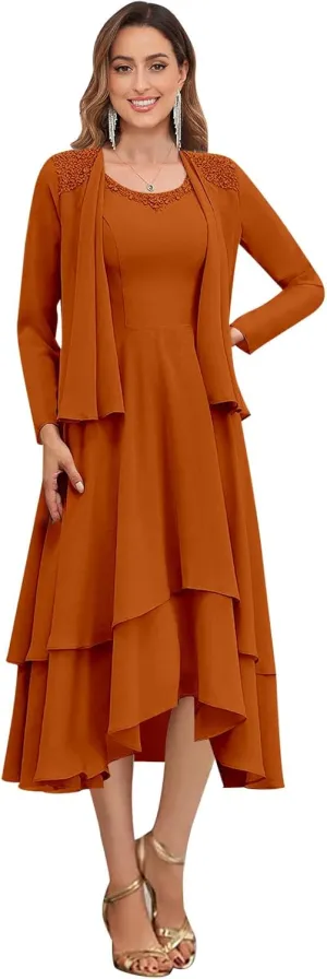 OFEECHUN 2 Piece Tea Length Mother of The Bride Dresses with Jacket Tiered Chiffon Lace Formal Wedding Party Gown