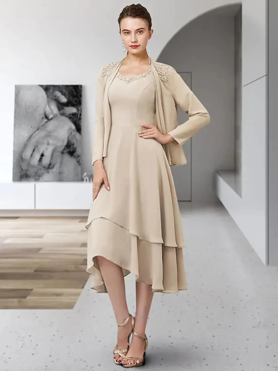 OFEECHUN 2 Piece Tea Length Mother of The Bride Dresses with Jacket Tiered Chiffon Lace Formal Wedding Party Gown