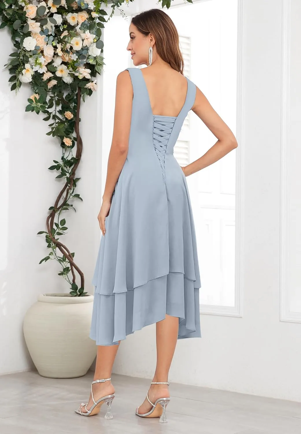 OFEECHUN 2 Piece Tea Length Mother of The Bride Dresses with Jacket Tiered Chiffon Lace Formal Wedding Party Gown