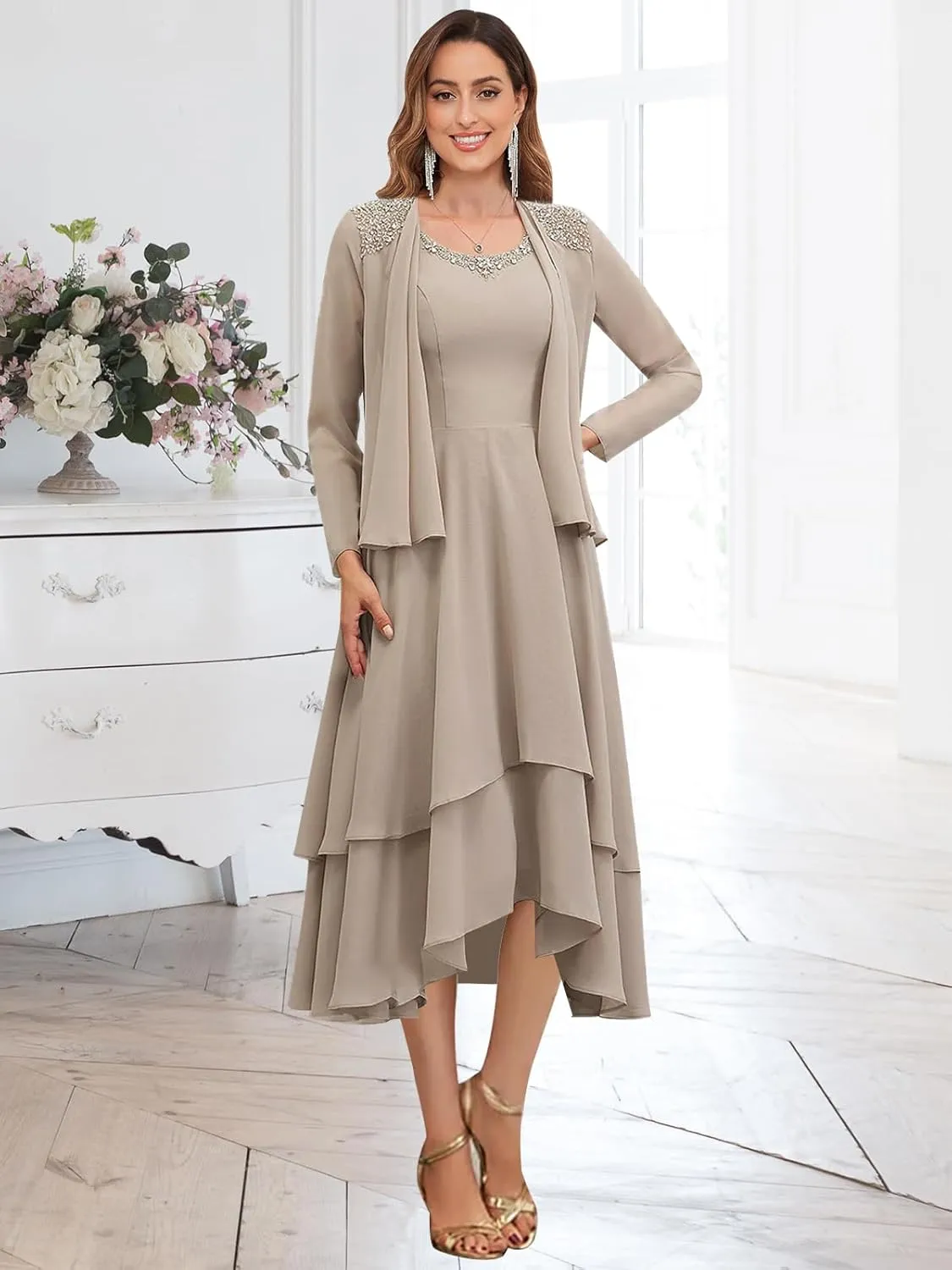 OFEECHUN 2 Piece Tea Length Mother of The Bride Dresses with Jacket Tiered Chiffon Lace Formal Wedding Party Gown