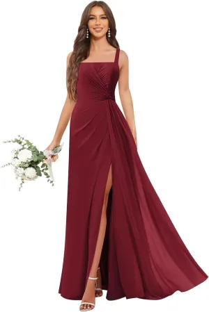 OFEECHUN Chiffon Square Neck Bridesmaid Dresses for Women Long Pleated Formal Evening Gowns with Slit